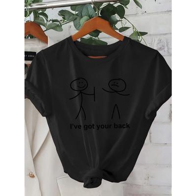 Europäische Größe Kreatives einfaches Strichmuster Druck T-Shirt für Damen lässig, Urlaub, kurzärmlig, Rundhalsausschnitt, neue Damenbekleidung