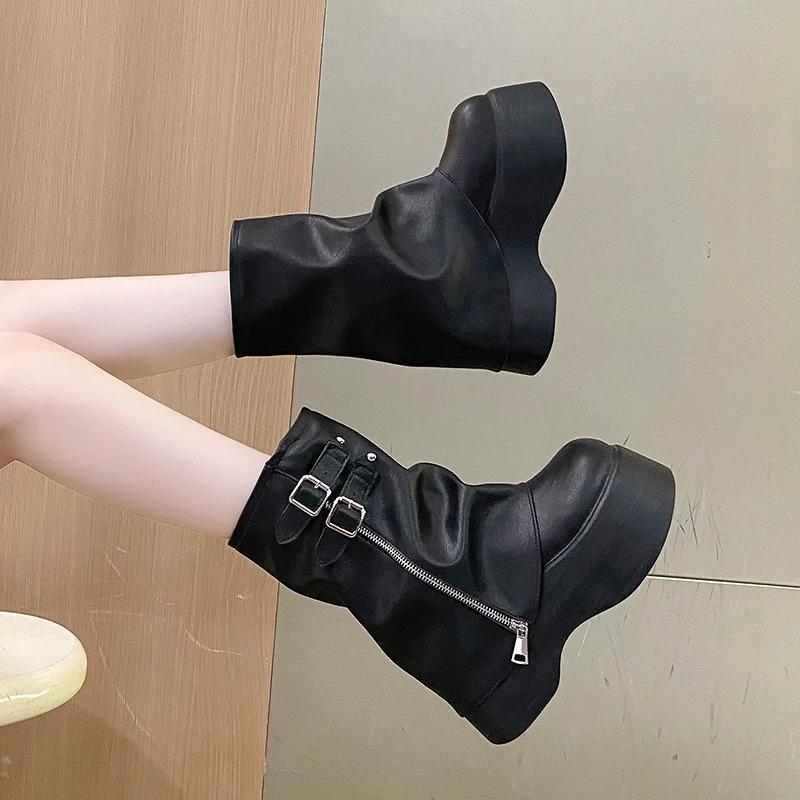 Soft Leather Ankle Mid Calf Boots Winter Autumn High Platform Wedge British Booties Woman New Ladies Chunky Motorcycle Boots