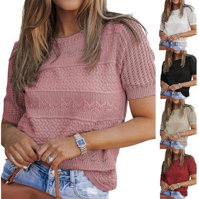 New Women's Round-neck Cutout Short-sleeved Sexy Top Knitted Crochet Sweater