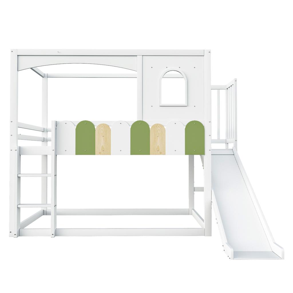 Bunk Bed Children's Bed 90*200 Cm House-Shaped Frame with Windows, Irregular Multicolor Railing Design, with Slide and Safety Ladder, Loft Bed, White