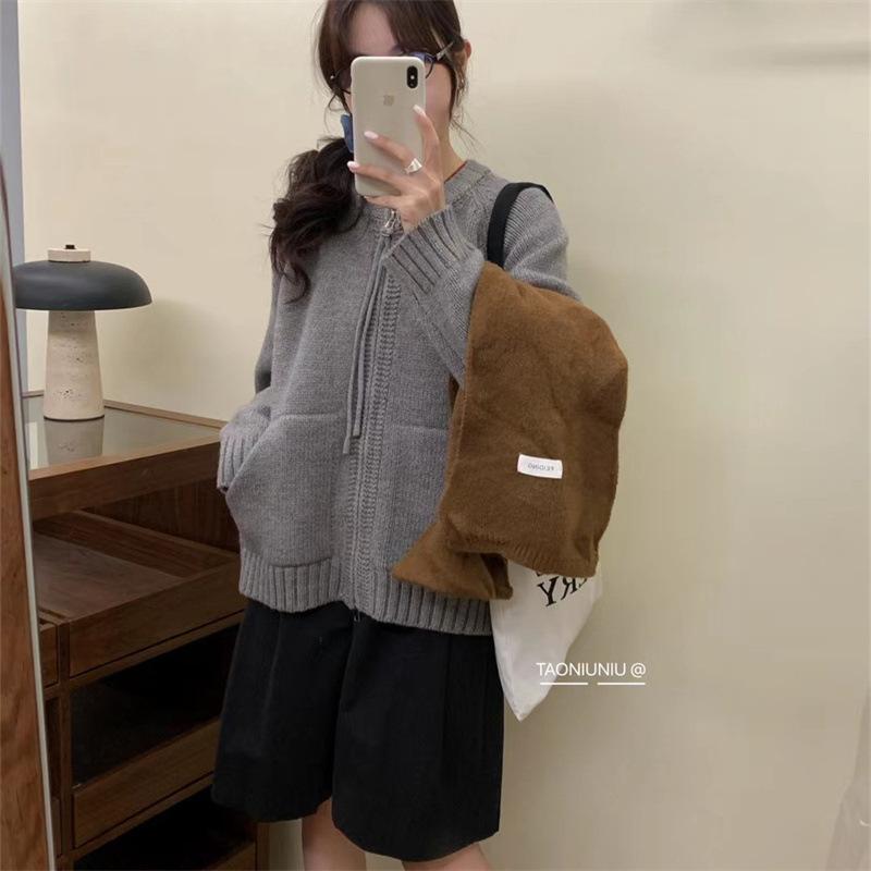 Lazy thick knitted zipper cardigan jacket women's autumn and winter new loose and thin high-end sweater top