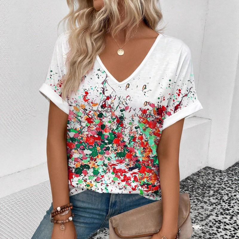 Womens V-Neck Short Sleeve T-Shirt With Leopard Print 3D Effect Colorful Ink Loose Fit Casual Office Wear