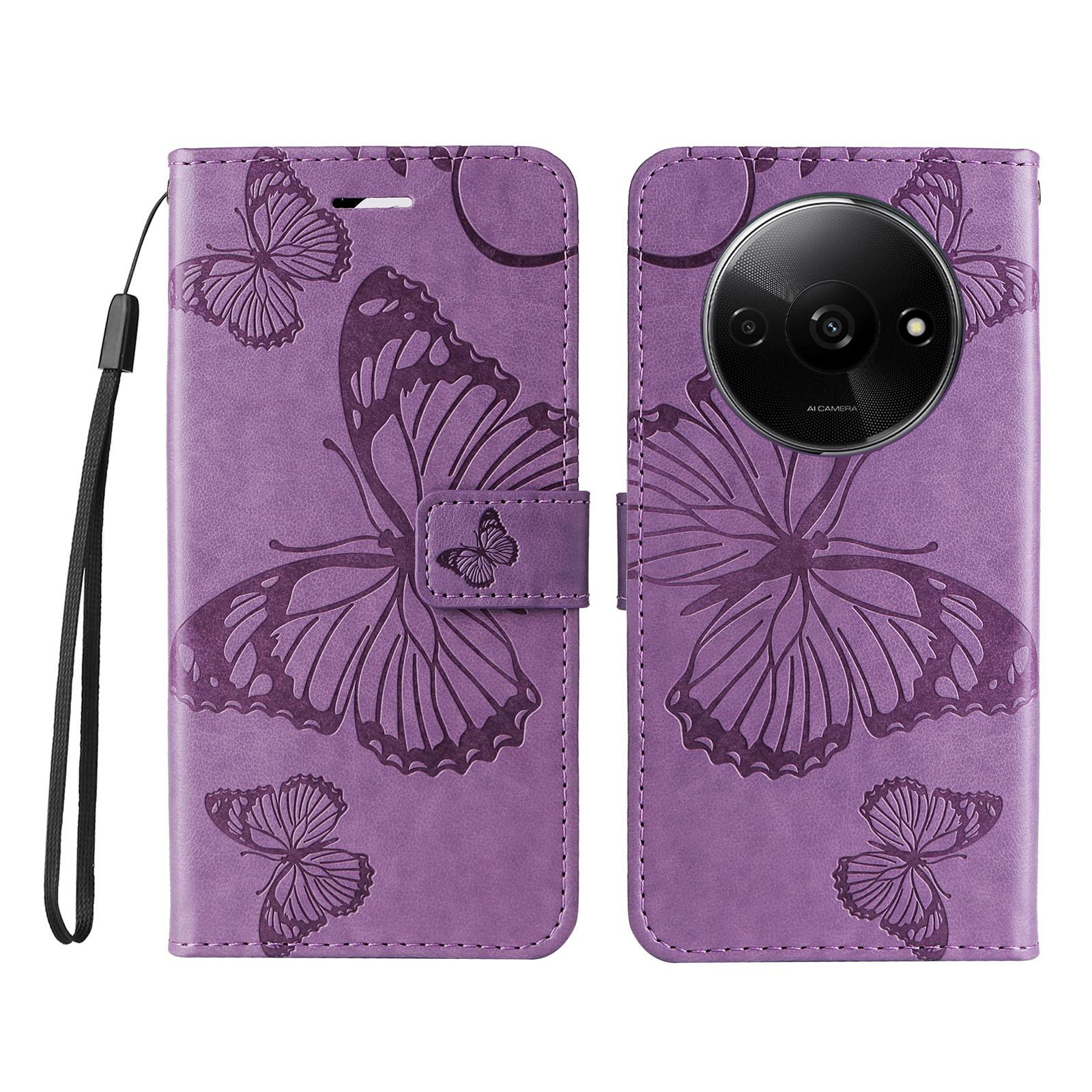 

Для Xiaomi Redmi A3 4G/Poco C61 4G Чехол-кошелек Кожаный чехол для телефона с подставкой с цветочным и бабочковым принтом Purple