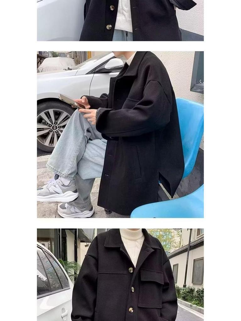 Men's Mid-Length Woolen Coat: Casual, Trendy, Oversized High-End Winter and Autumn Windbreaker.