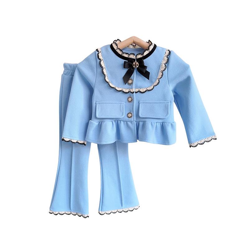 Girls' Spring French Peter Pan Collar Top & Casual Pants Two-Piece Set