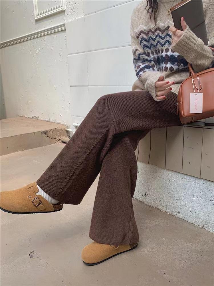 Loose High-waisted Knit Grooved Wide-leg Pants for Women, Slimming Autumn and Winter Outerwear, Draped Floor-length Straight-leg Casual Pants Trendy