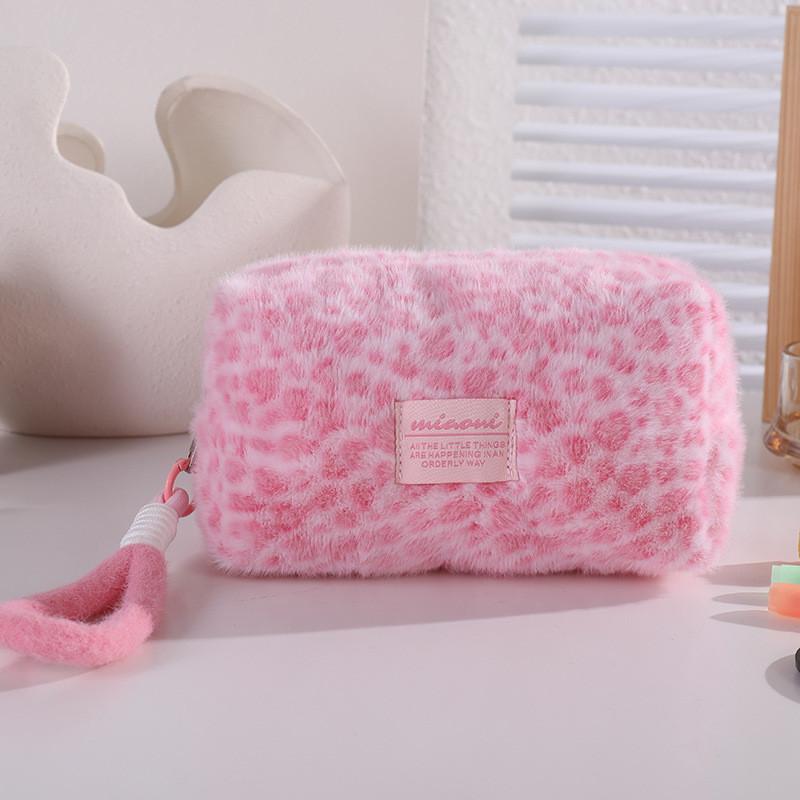 Leopard Print Plush Makeup Bag With Foldable Design For Travel And Storage