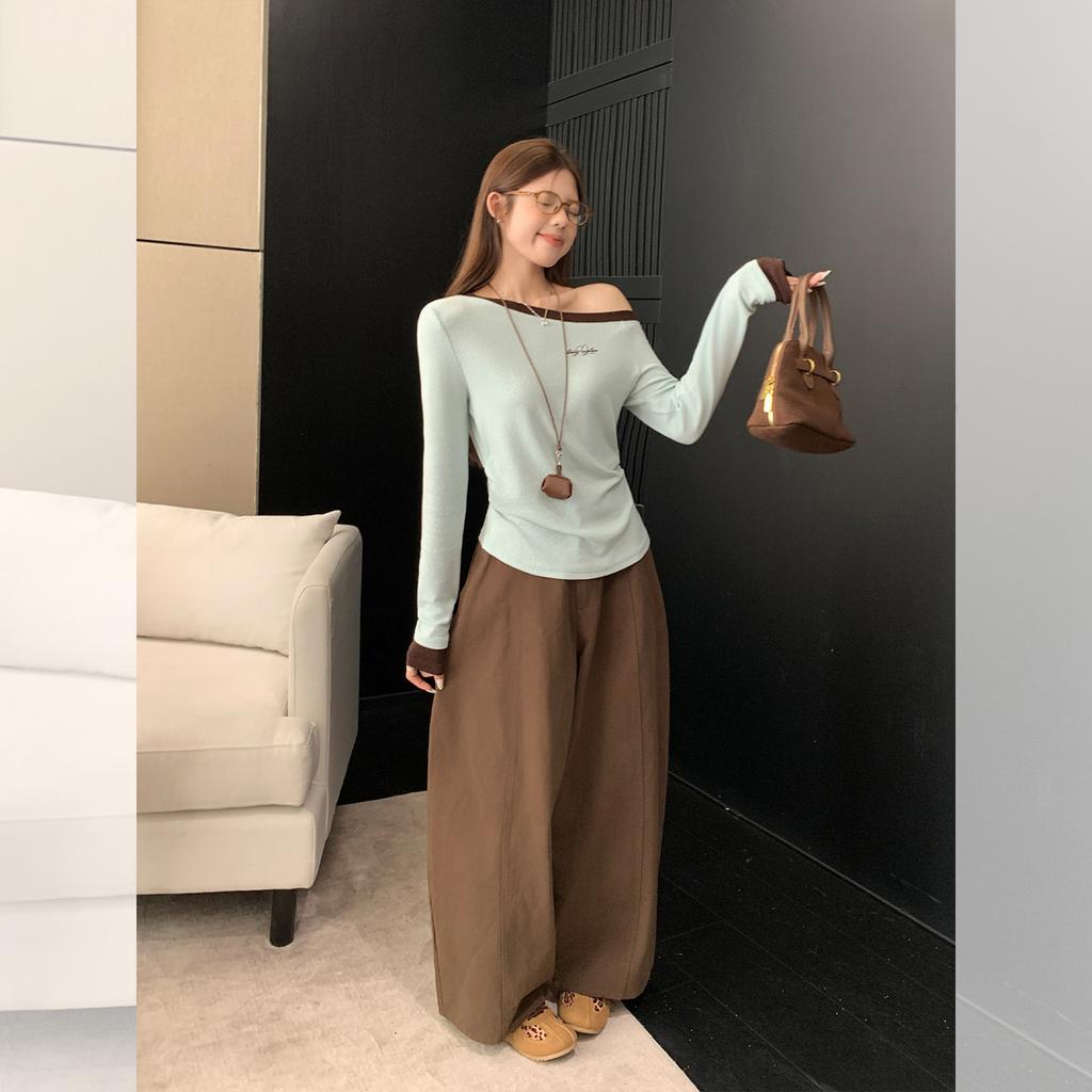 Green Spice Girl Slash Shoulder Off-Shoulder Letter Embroidered Long Sleeve Bottom Shirt Women's Autumn Folds Pinch Waist Splicing Top