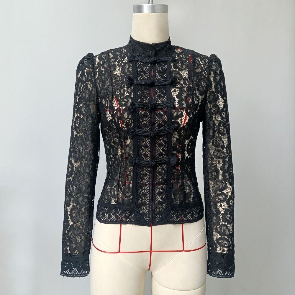 Long Sleeves See-Through Blouse Slim Fit Women Shirt Tops Vintage Lace Printed Shirts Spring