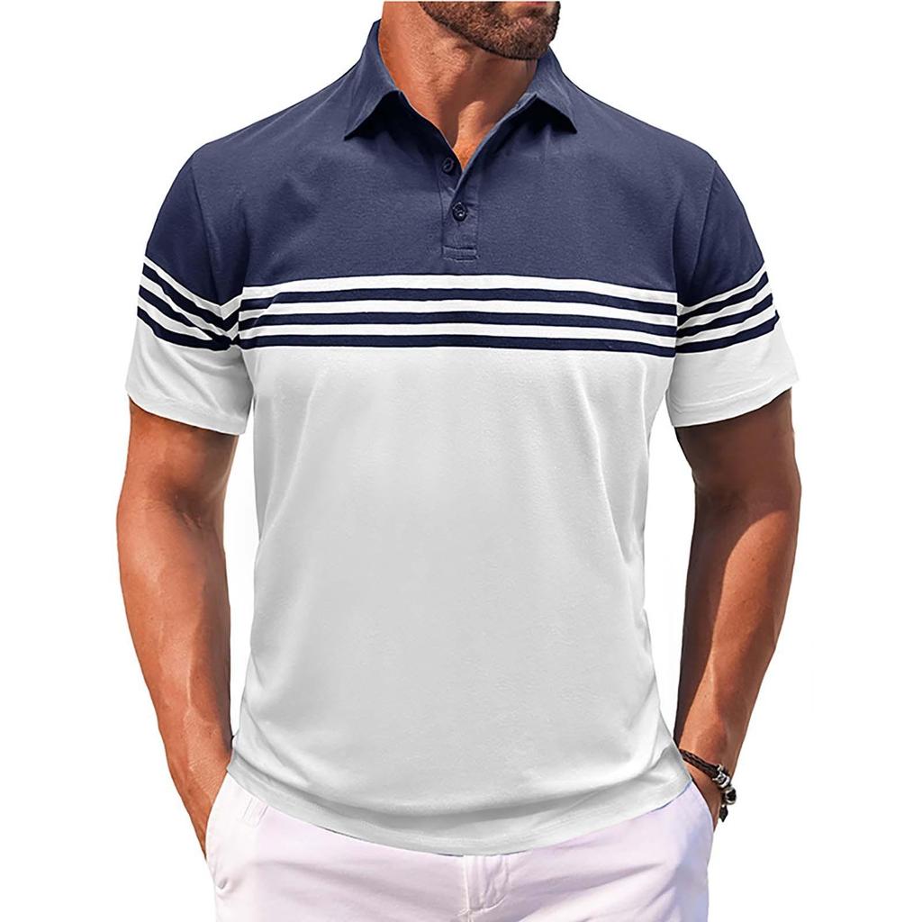 Summer Men Short Sleeve Business Casual Stripe Polo Shirt 100% Polyester Men Lapel Golf Polo Shirt Tops