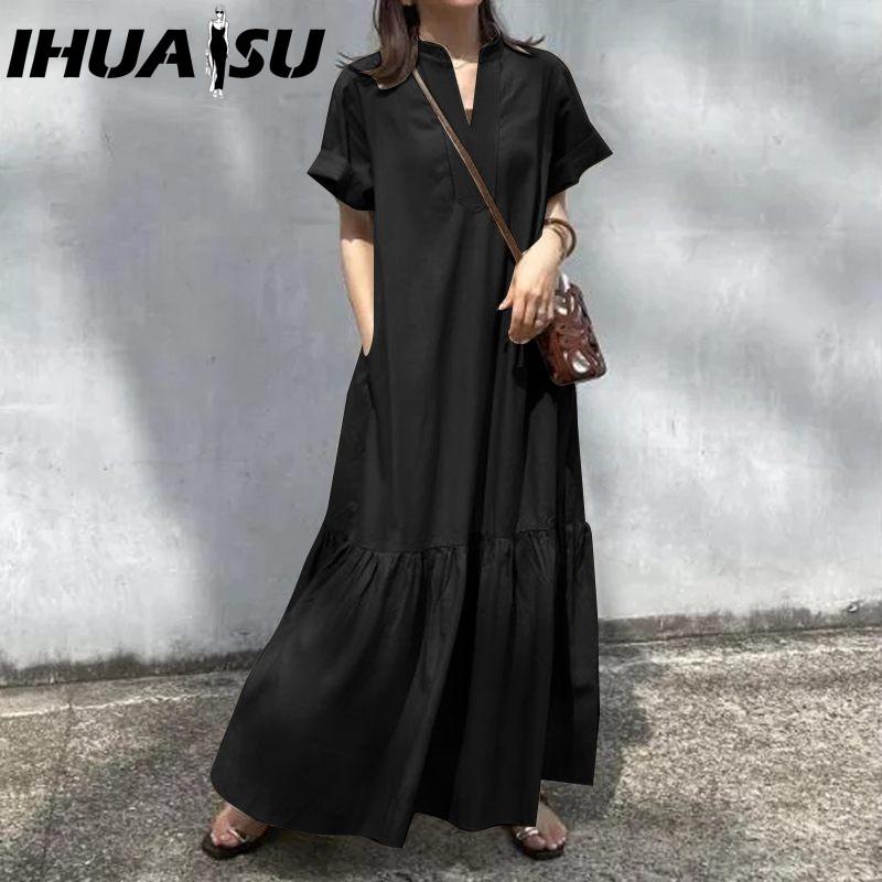 IHUASU S-5XL Summer Casual Solid Color Women Long Dress V Neck Short Sleeve