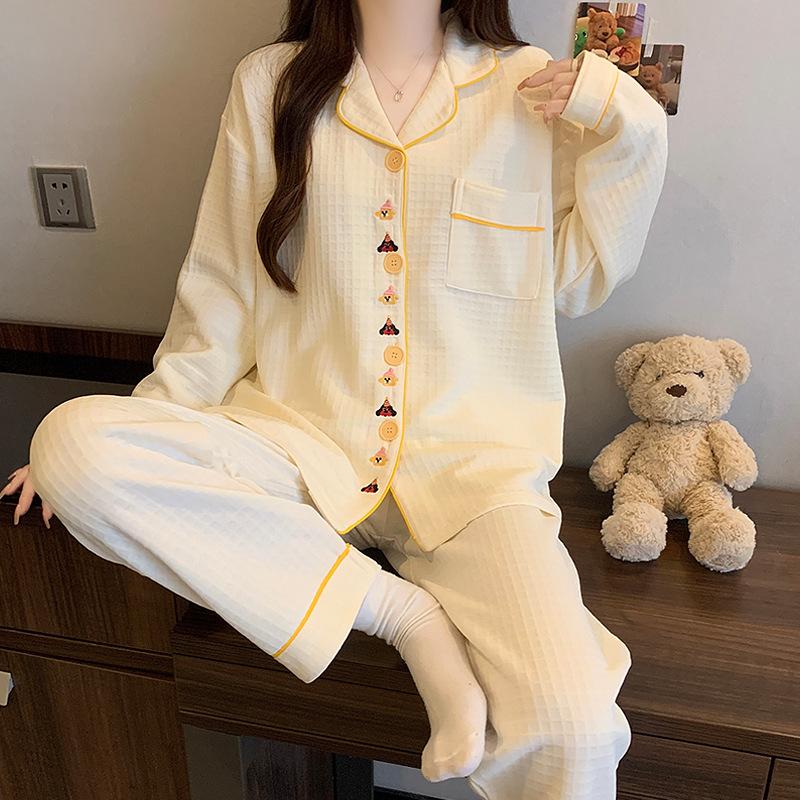 Air cotton pajamas women's autumn and winter long sleeves thickened interlayer warm stars cat student loungewear real shot