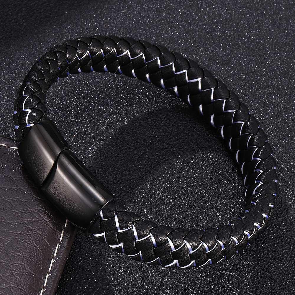 Punk Men Braided Genuine Braided Blue Leather Bracelet Black Stainless Steel Magnetic Buckle Bracelet Gifts Homme Pulsera