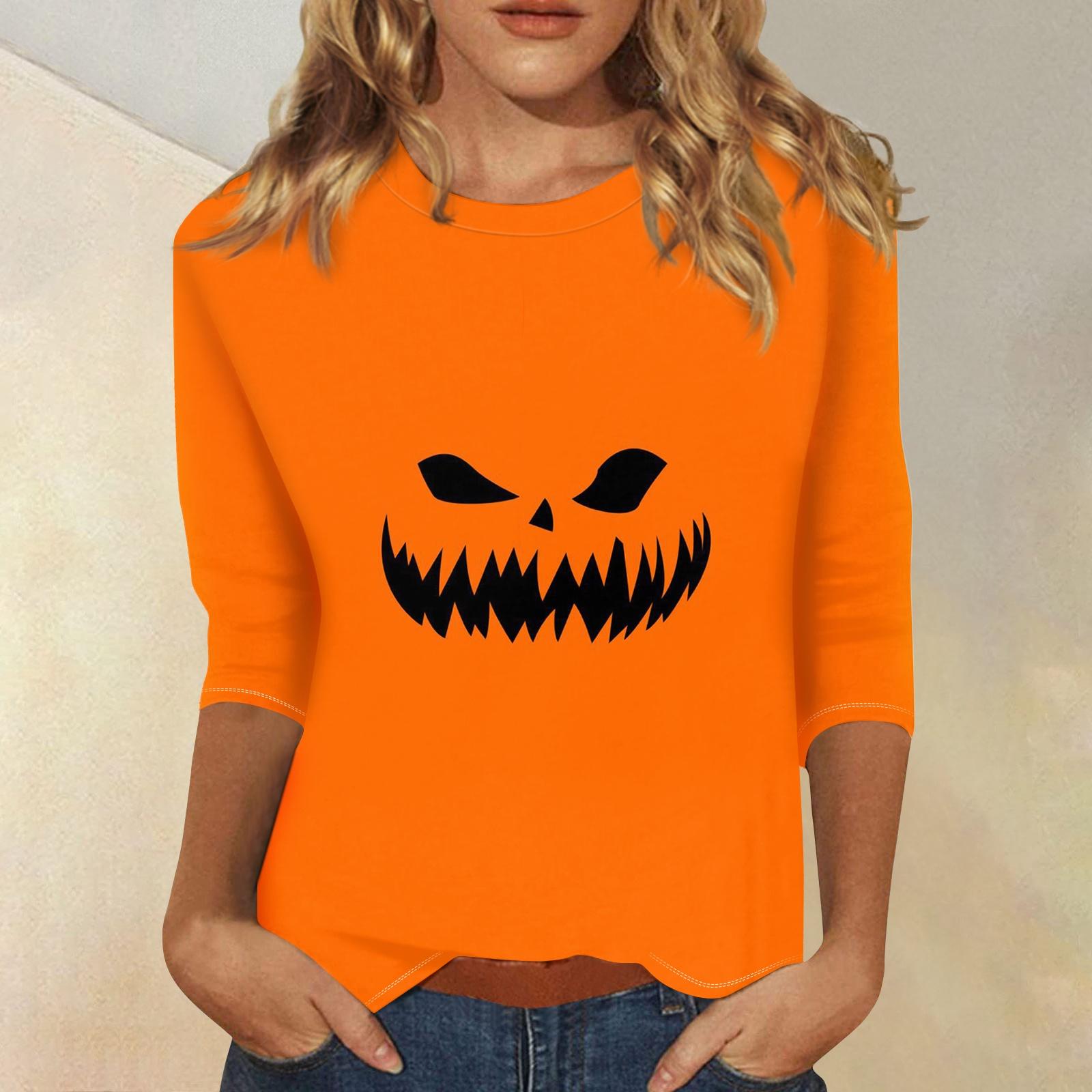 Damen Dreiviertelarm Rundhals Halloween Print Bluse Top XL safrangelb