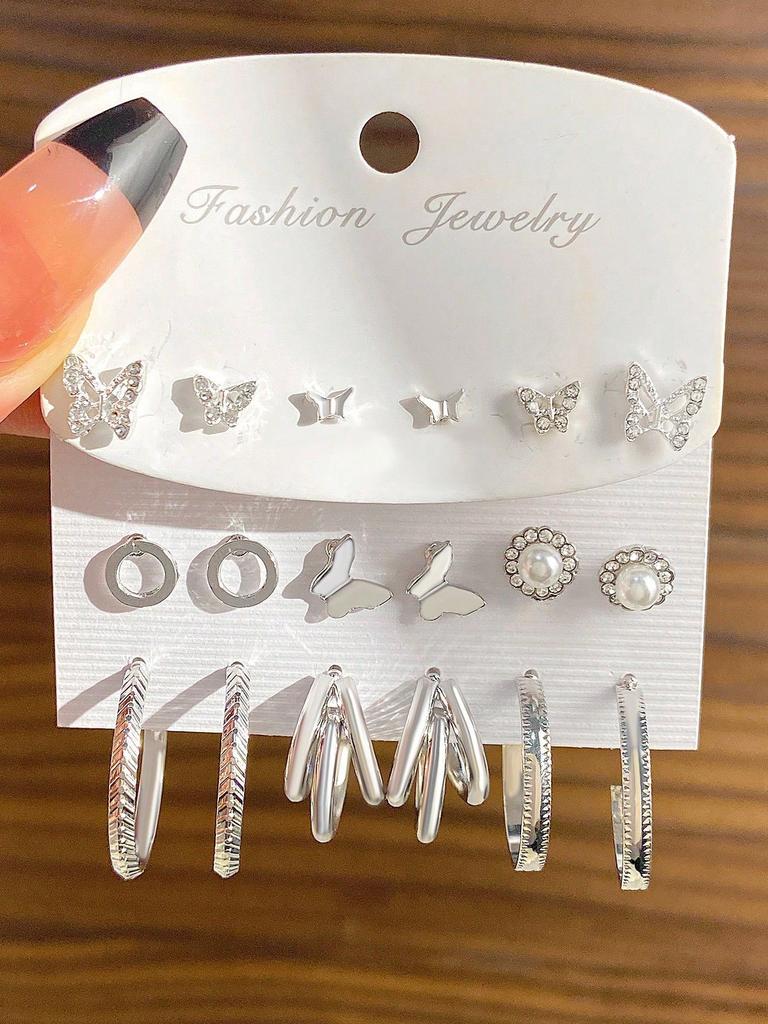 2026 Explosive Earrings Earrings Geometric Square Earrings Retro Pearl Card Set Alloy Earrings Earrings Combination