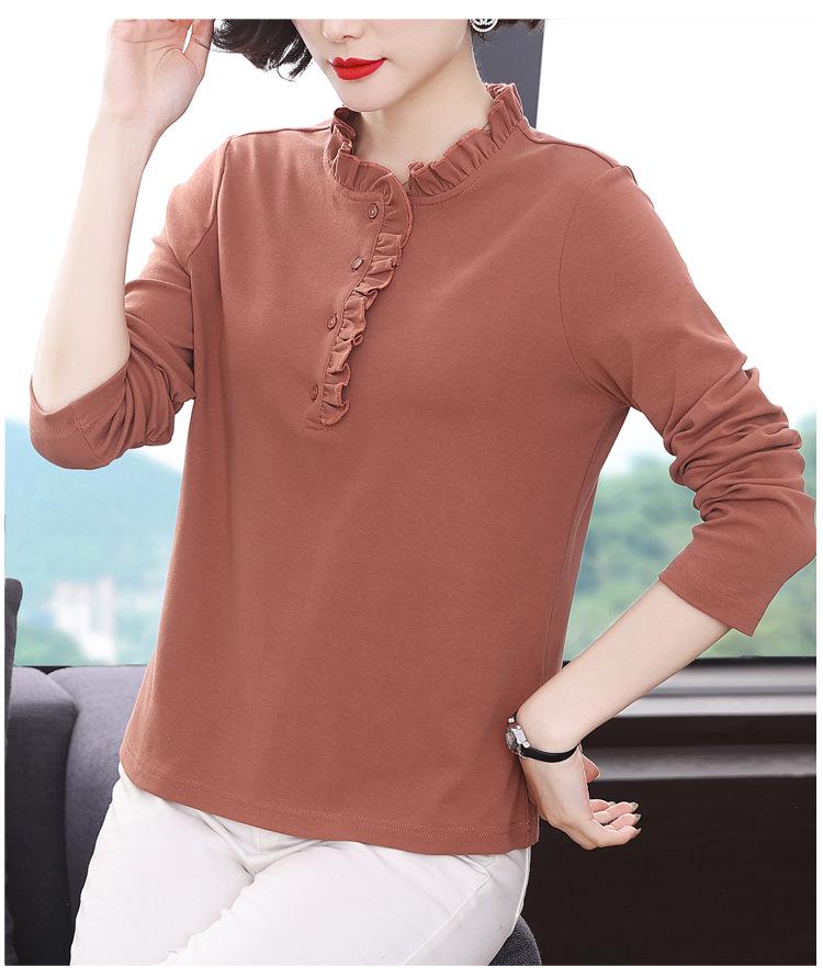 Women's Long-Sleeve Stand-Up Collar T-Shirts with Ruffled Collars, Loose Fit, Large Size - Perfect for Spring and Autumn
