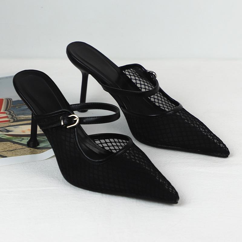 Módní špičaté sexy síťované dámské sandály na vysokém podpatku 2025 léto nový designér černé slingback jehlové elegantní boty pro kancelářskou dámu