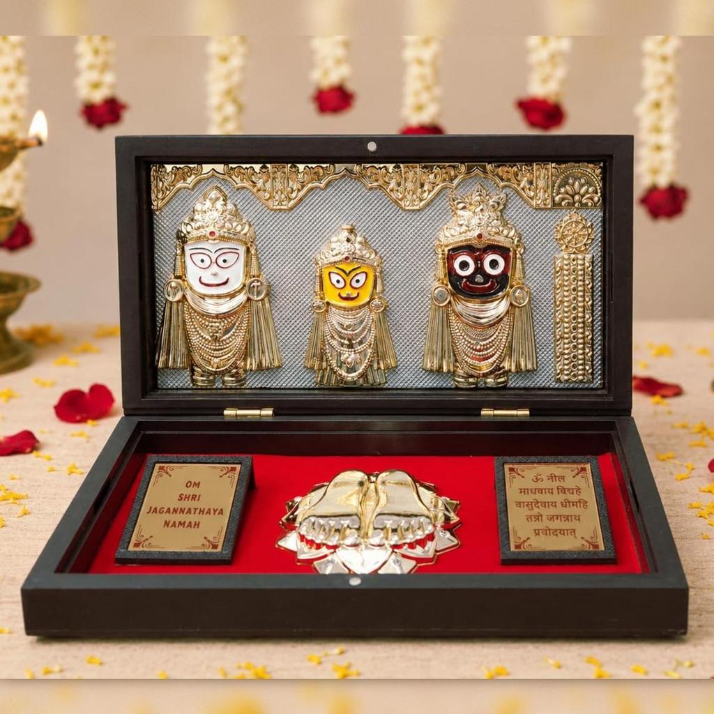 Lord Jagannath Balabhadra Subhadra Gold Plated Photo Frame with Charan Paduka Pocket Temple for Diwali Gift