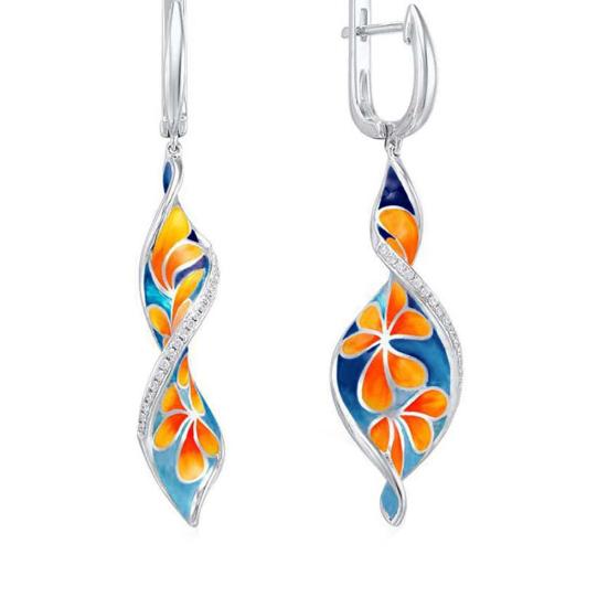 Vintage Women Rhinestone Inlaid Spiral Enamel Plumeria Dangle Earrings Jewelry