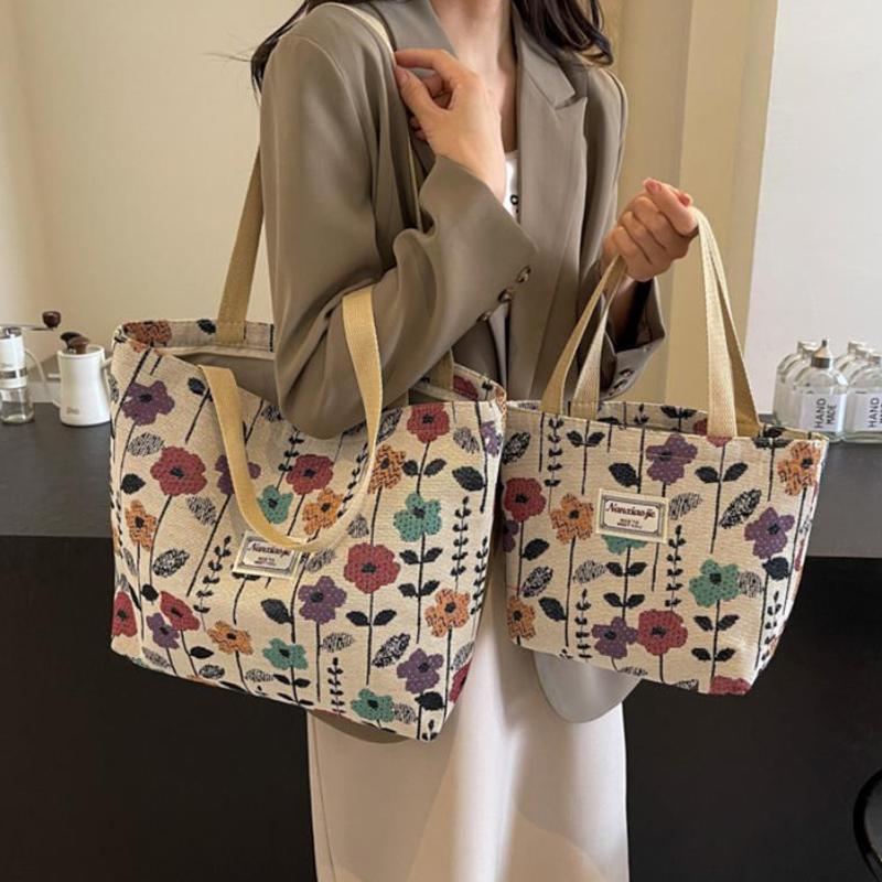 Flower Printed Large Capacity Reusable Shoulder Bag Versatile Student Commuting Handbags