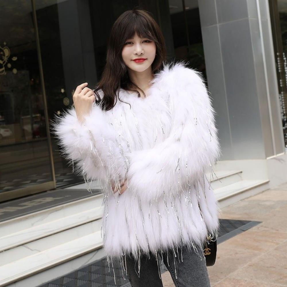 

Women s Real Raccoon Fur Coat with Tassels and Sequins, Stylish Short Style Slimming and Petite Winter Coat S