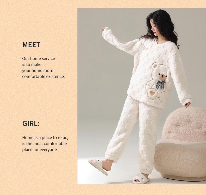 Women's Coral Fleece Pajama Set, Autumn/Winter, Plus Velvet, Thickened Flannel Home Wear