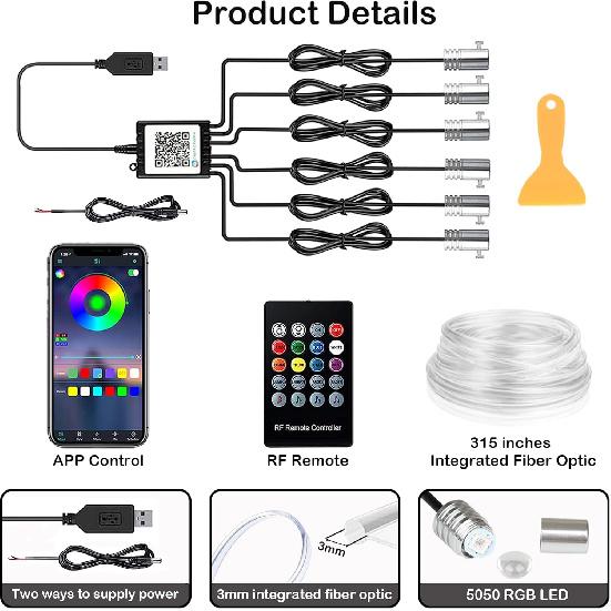 Interior Car LED Strip Lights, RGB 6 In 1 Ambient Lighting Kit With 315 Inches Integrated Fiber Optic, 16 Million Colors Car Interior Lights With
