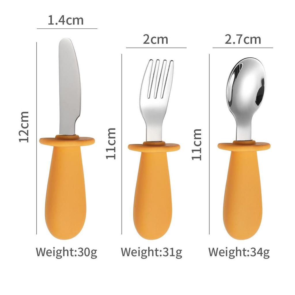 316 Stainless Steel Children's Utensil Set: Knife, Fork, Spoon with Silicone Handle for Infants and Toddlers, Portable Design for Mealtime.