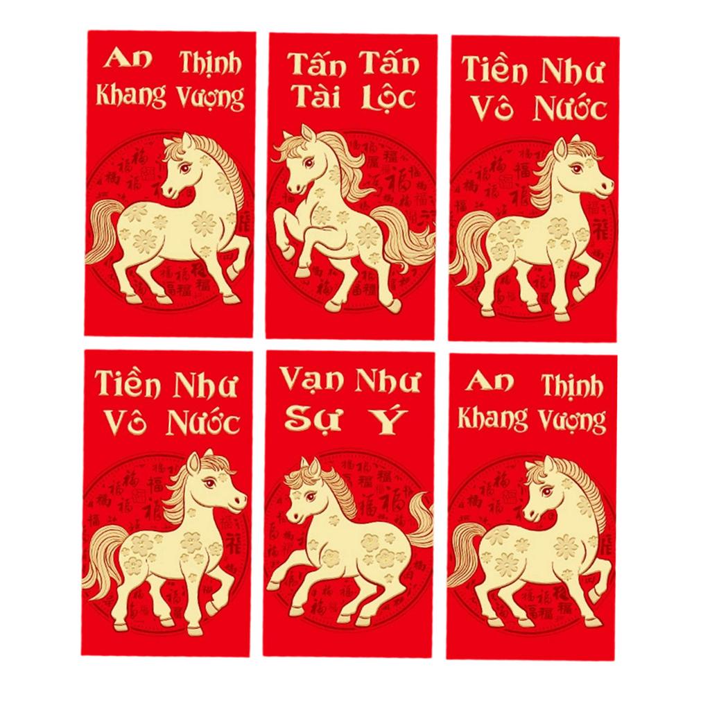 Pack of 6 Vietnamese Lunar New Year Red Envelopes With Festive Horse Design and Matte Finish for 2026 Celebrations