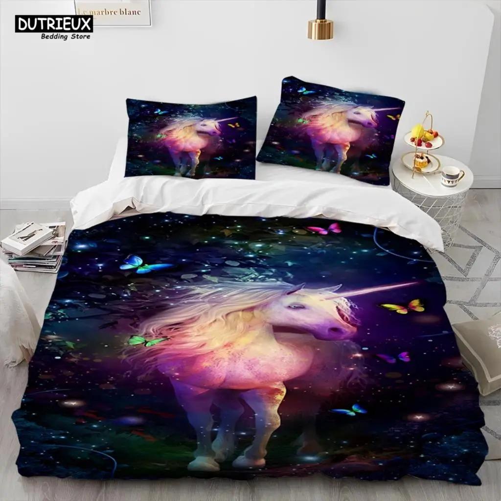 Einhorn Niedlich Cartoon Bettdecke Bettwäsche Set,Bettbezug Bett Set Bettdeckenbezug Kissenbezug,Queen Bettwäsche Set