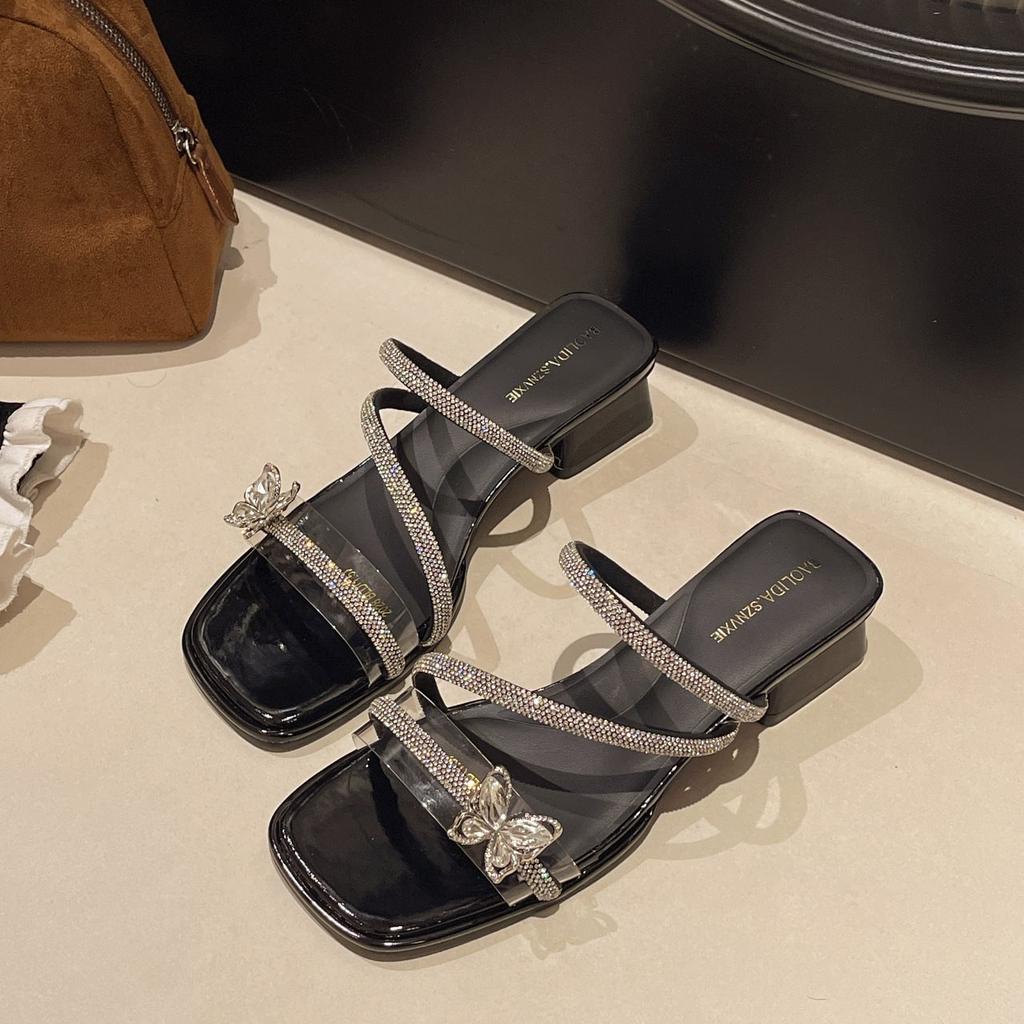 Crystal thick-heeled slippers women wear bows French rhinestone high-heeled sandals new fairy 2025 summer wind is beautiful