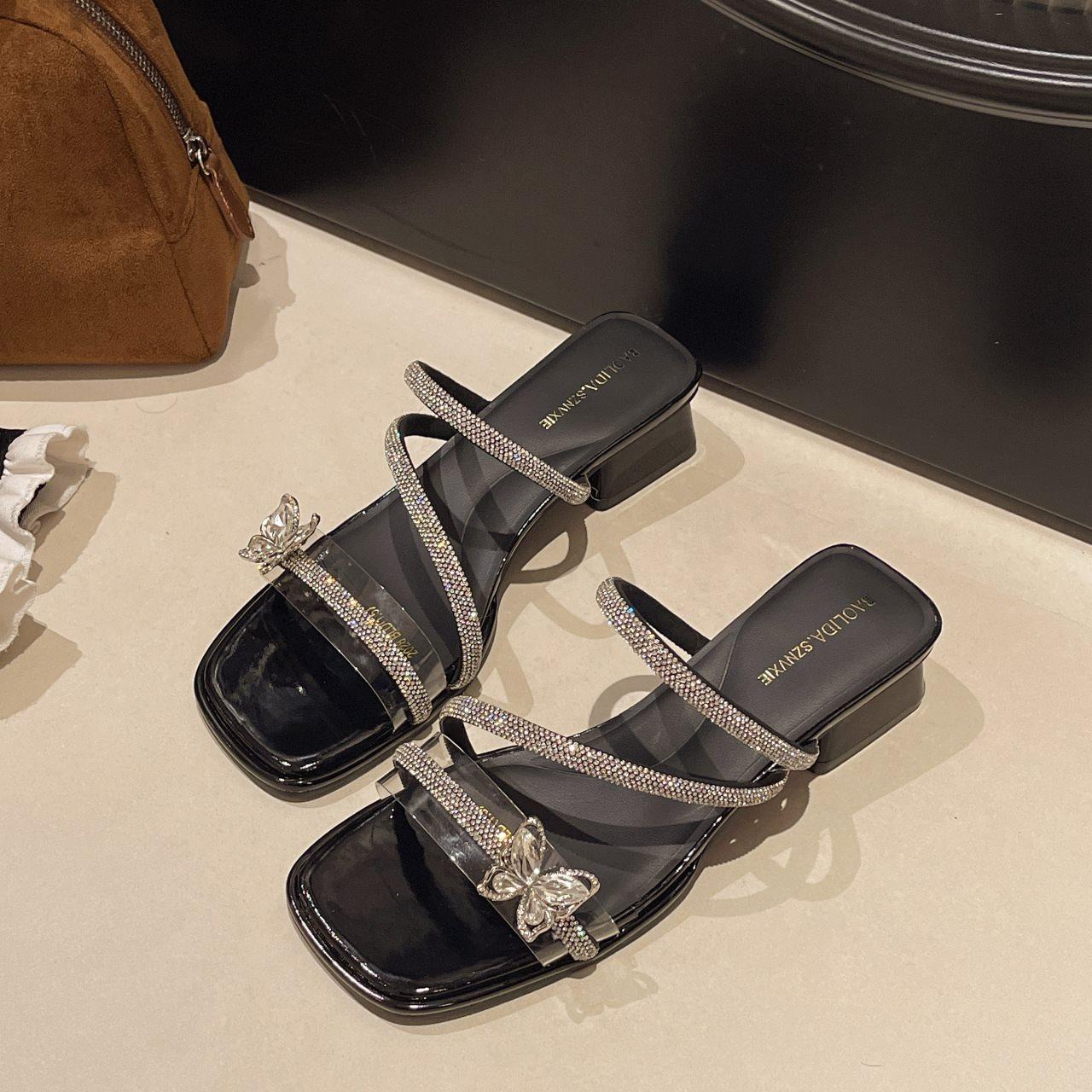 

Crystal thick-heeled slippers women wear bows French rhinestone high-heeled sandals new fairy 2025 summer wind is beautiful 40 чёрный