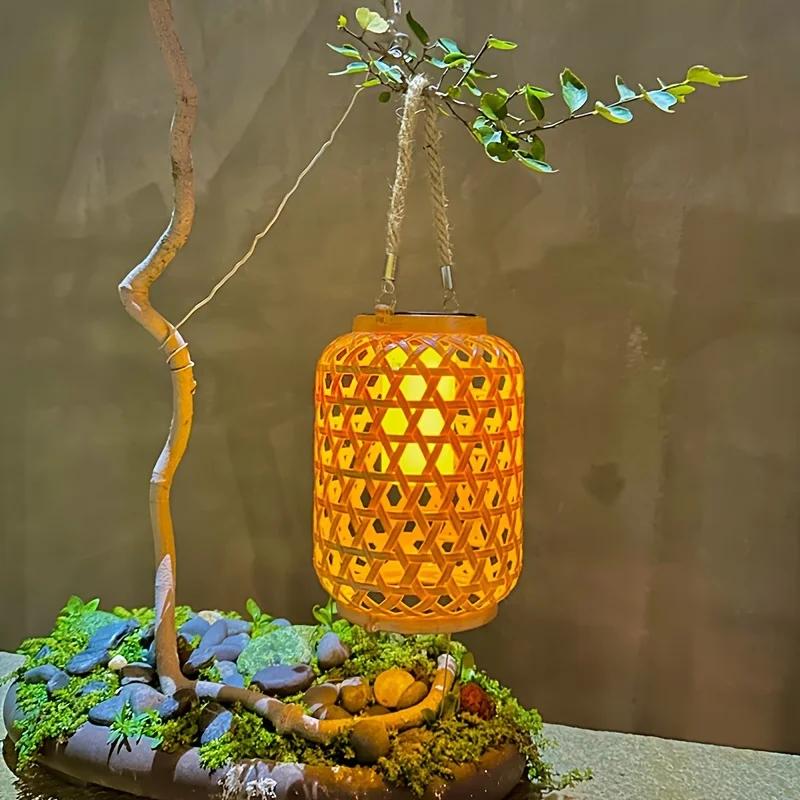 Solar Powered Rattan Lantern Chandelier Plastic Material Solar Wireless Rechargeable Nickel Battery Courtyard Garden Decoration