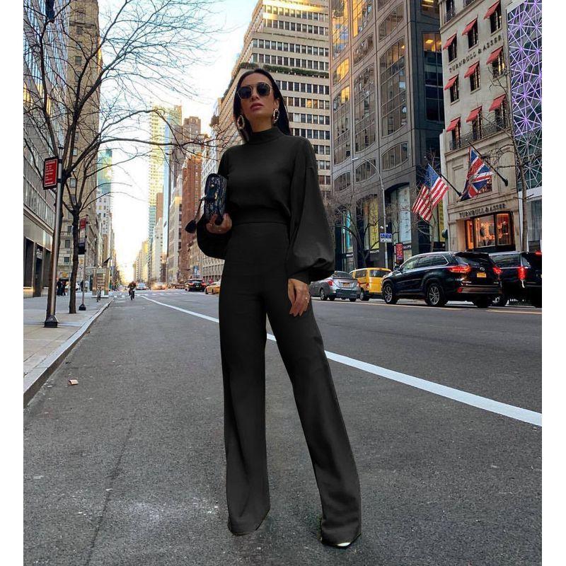 

Women Casual Long Sleeve Jumpsuit Half Turtleneck Lantern Sleeve Simple Jumpsuit Black XL