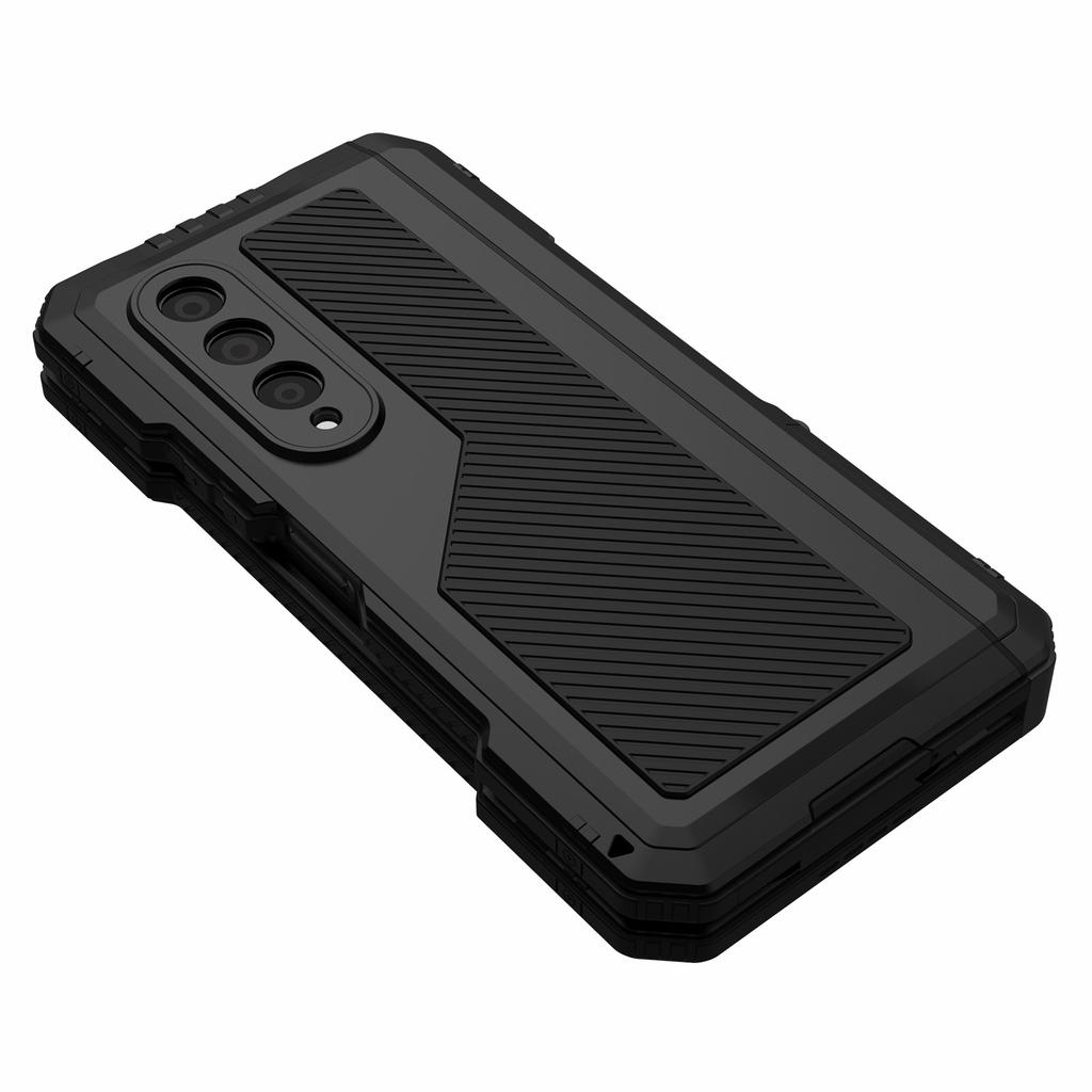 For Samsung Galaxy Z Fold4 5G Aluminium Alloy+Silicone Phone Case Shockproof Dustproof Kickstand Protective Cover with Screen Protector