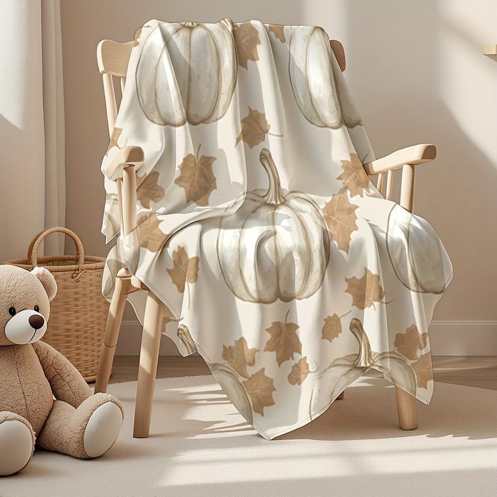 All Season Flannel Blanket Soft Cozy Autumn Throw Pillow Pumpkin Prints Orange Beige Brown Warm Decoration Machine Washable