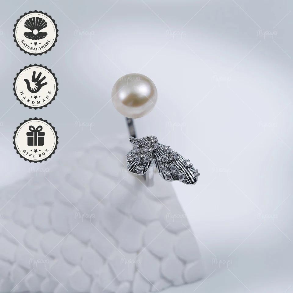 MYSOYA Adjustable Silver Ring with 8-9mm White Freshwater Pearl & Butterfly Wing Design C481 US серебряный