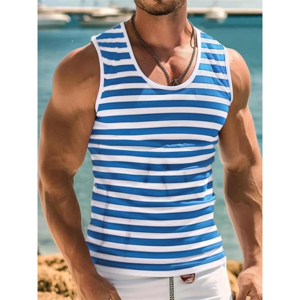 Mens Retro Stripe Graphic Vest Fashion Summer Sleeveless Casual 3D Printed Vest Loose Soft Comfortable Breathable Vest