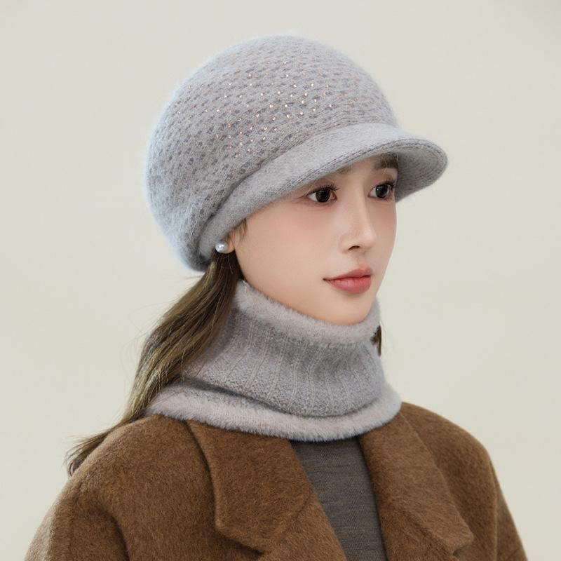 Autumn and Winter Casual Bright Diamond Rabbit Hair Mother Hat Versatile Plus Velvet Thickened Cold Proof Duck Tongue Cap Can Scarf Warm Set New