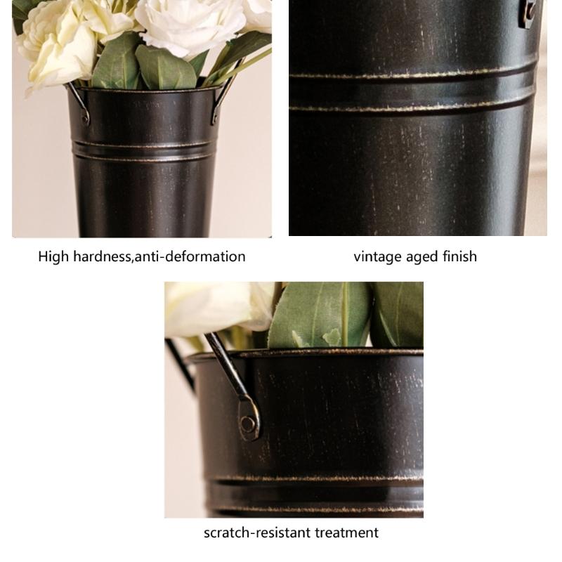 Farmhouse French Flowers Bucket with Handle Metal Flower Holder for Home Table Centerpieces Galvanized Metal Vases