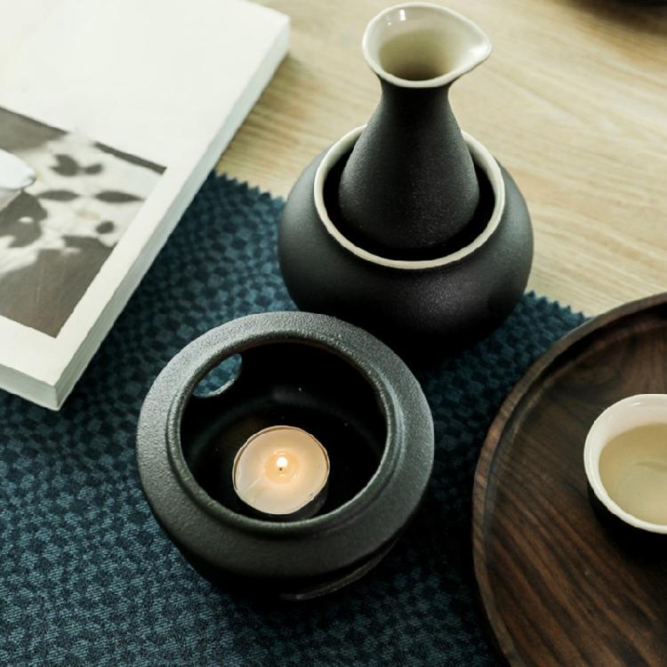 Japanese Drinking Set Contains Heat Resistant Sake Carafe Bottle 4 Cups Warmer Candle Stove Birthday Housewarmings Gift