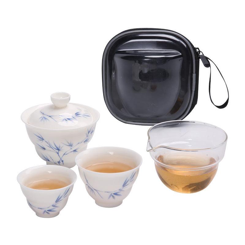Bamboo shadow green applique light luxury express cup, one pot and two cups, portable travel tea set, teapot, teacup small set with hand