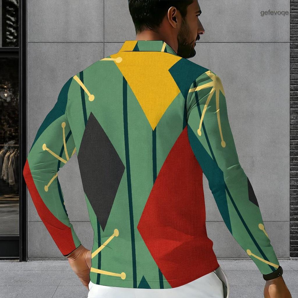 Men Plus Size Long Sleeve Collared Quarter Zip Polo Shirt Blue Geometric Printed