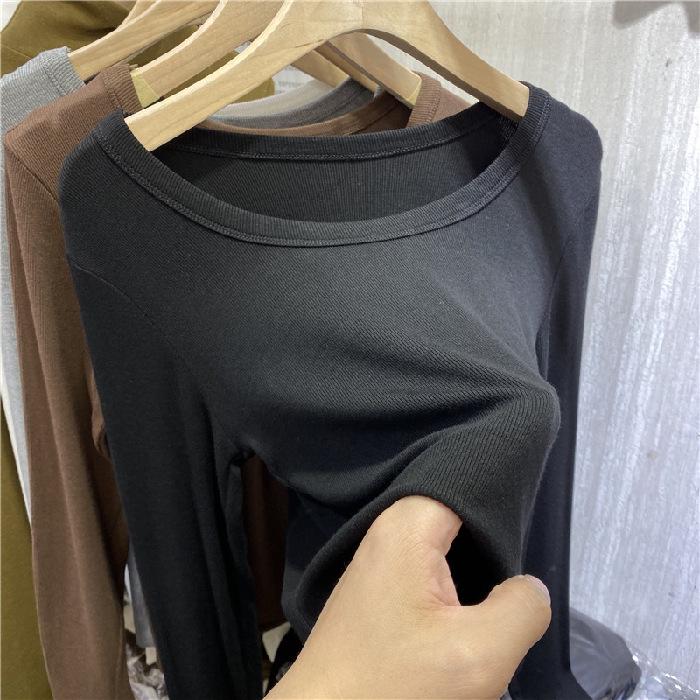 2025 A/W Women's Ribbed Long Sleeve Tee - Low Round Neck Clavicle Style, Solid Color, Versatile Top