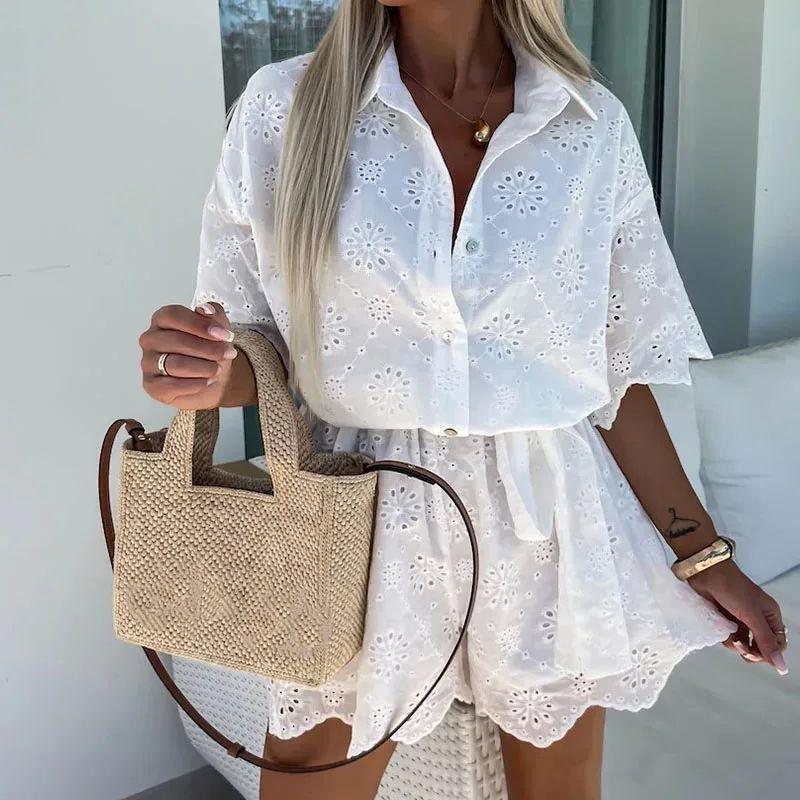 Embroidered Lace Shirt Romper Fashion Embroider Lace Shirt Jumpsuit Suit