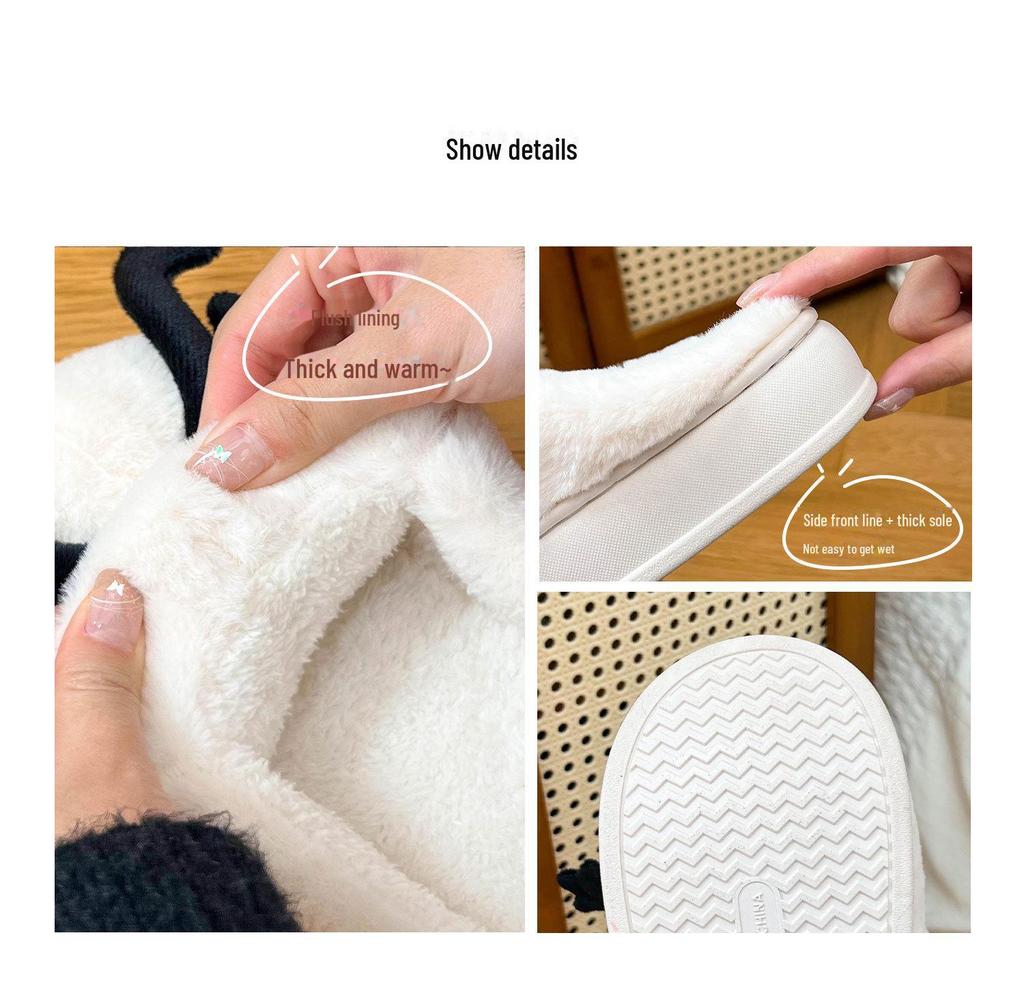 Pantoufles d'intérieur mignonnes en coton avec pompon en fourrure noire pour femmes - Hiver, antidérapantes, chaudes, bout fermé, semelle souple, chaussures de maison amusantes pour couples