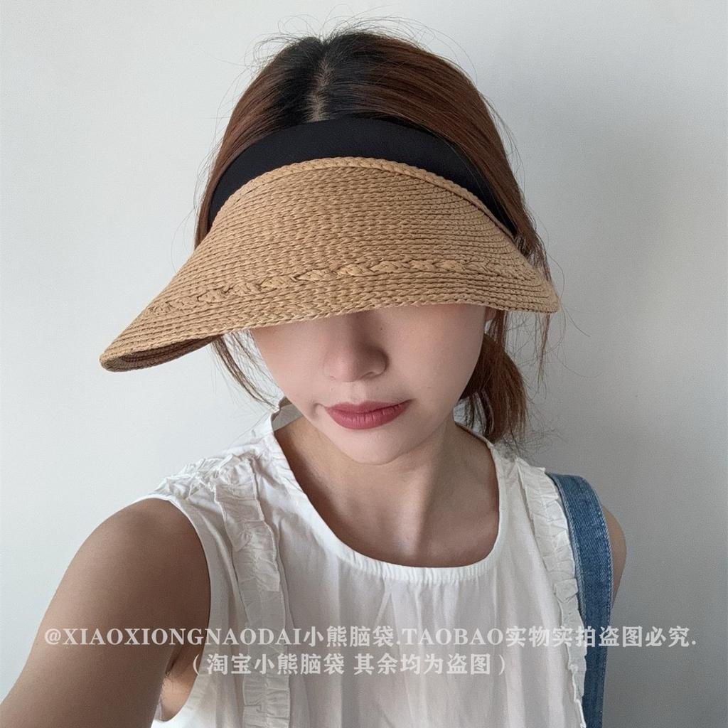 Imitation Lafite Empty Top Sunscreen Straw Hat Summer Women'S Big Eaves Casual Versatile Headband Sun Hat Ropless Holiday Hat