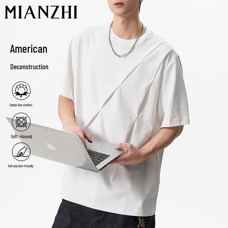 

Men s Summer Loose Fit Cotton Blend T-Shirt with 3D Oblique Pleat XL