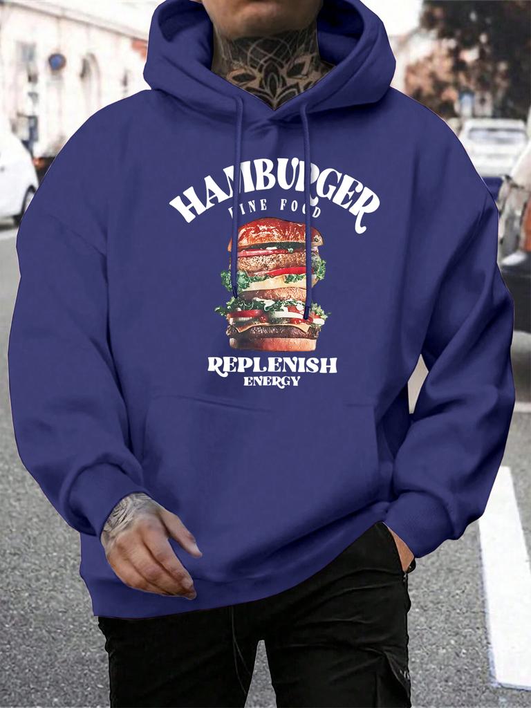 Hamburger Fine Food Doplň Energie Potisk Pánská Mikina Podzimní Fleecové Oblečení Ležérní Volná Pánská Mikina Vše-ladící Měkký Streetwear