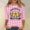 Women's Casual Three Quarter Sleeve Round Neck Top with Beer Festival Print Oktober Fest Pattern Lightweight Comfortable Fit